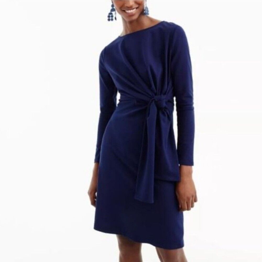 NWT J.Crew Side Tie Sheath Dress Navy Blue Long Sleeve Size Small Elegant